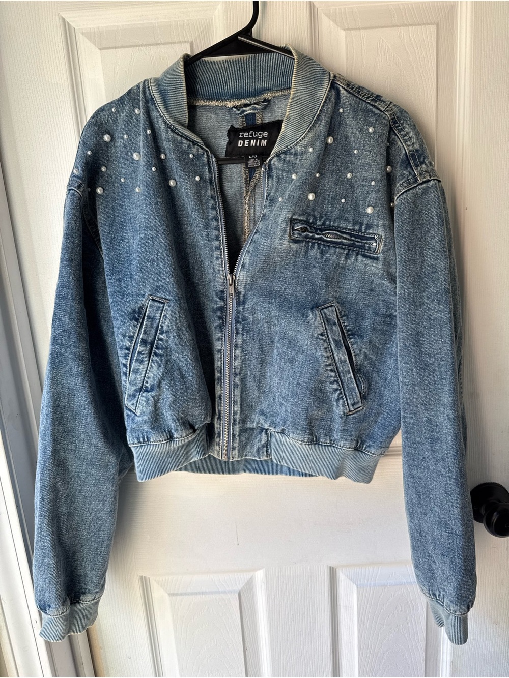 Women's Light Blue Studded Denim Bomber Jacket Bride